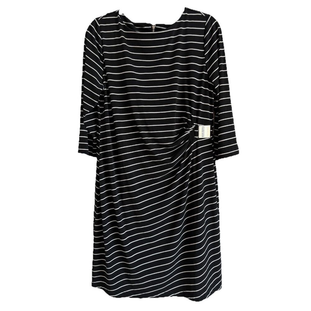 Chico's So Slimming Black Medium Striped Ruched Wiggle Dress 3/4 Sleeve Stretch
